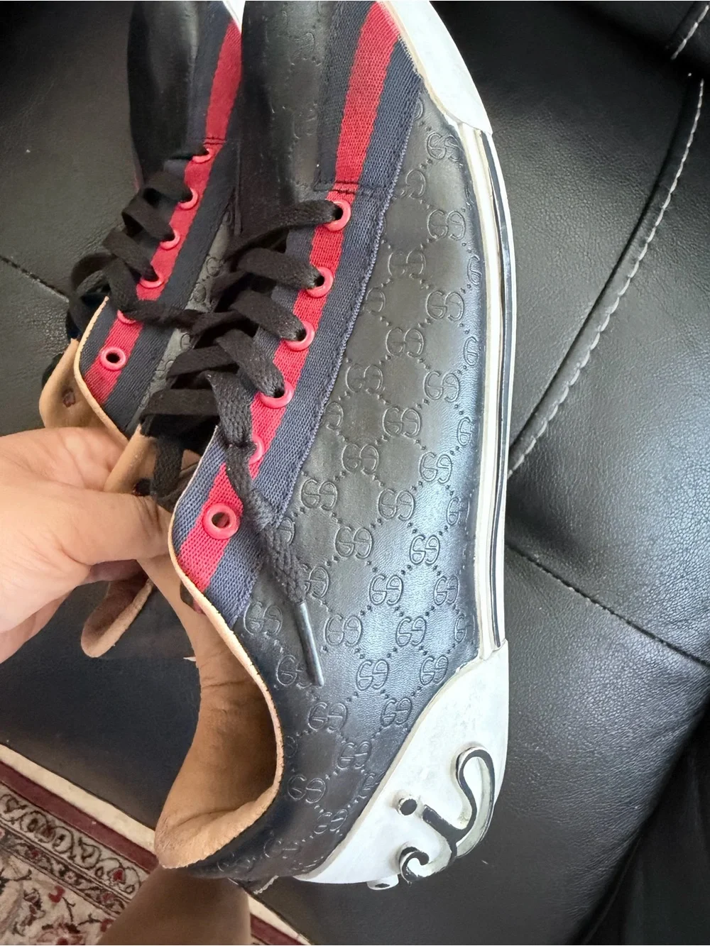 Gucci Black Sneakers with Red Stripe Accents